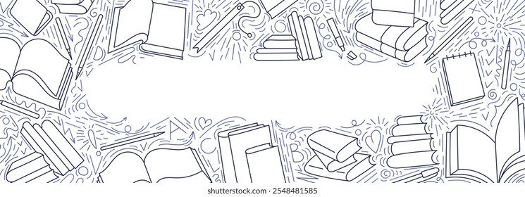 Open books line art pattern frame. Literature education, library, lesson at school, lecture for reading and study, office with pen on transparent back. Sketch graphic template. Vector editable stroke