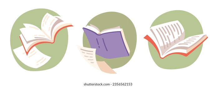 Open books literature for education stickers set. Hardcover textbooks with covers, paper pages with text. School library, knowledge, study, information, reading concept flat vector illustration