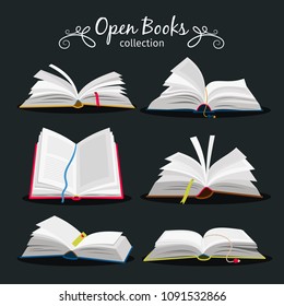 Open books. New open book set with bookmark between pages for encyclopedia and notebook, dictionary and textbook icons, booking story vector illustration