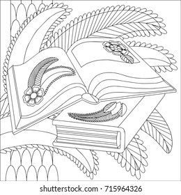 Open books on a background of stylized palm leaves. The second book is closed