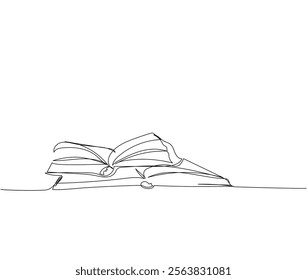 Open books on the table, textbooks, literature for study one line art. Continuous line drawing of online learning, knowledge, cognition, science, student life, knowledge, school, education.