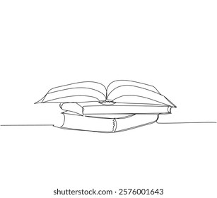 Open books on the table, textbooks, literature for study one line art. Continuous line drawing of online learning, knowledge, cognition, science, student life, knowledge, school, education.