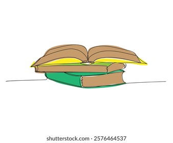 Open books on the table, textbooks, literature for study one line color art. Continuous line drawing of online learning, knowledge, cognition, science, student life, knowledge, school, education.