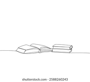 Open books on the table, textbooks, literature for study one line art. Continuous line drawing of online learning, knowledge, cognition, science, student life, knowledge, school, education.