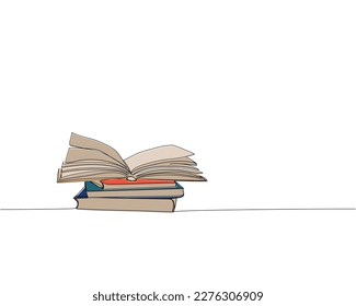 Libros abiertos de una línea de arte coloreado. Dibujo continuo en color de línea de libro, biblioteca, educación, escuela, estudio, literatura, papel, libro de texto, conocimiento, lectura, aprendizaje, lectura de páginas