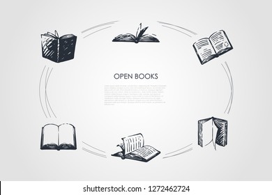 Open books - books with open pages and coverings vector concept set. Hand drawn sketch isolated illustration