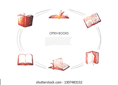 Open books - books with open pages and coverings vector concept set. Hand drawn sketch isolated illustration