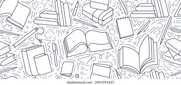 Open books to read, seamless doodle pattern. Library literature, lesson at school, open dictionary with pencil. Line graphic background