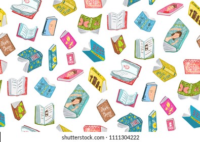 Open Books Reading Seamless Pattern Background. Colorful seamless background of hand drawn books covers illustration.