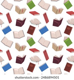 Open books seamless pattern. Repeated literary volumes in color bindings, leather covers, bookmarks between pages, decor textile, wrapping paper. Nowaday vector cartoon flat background