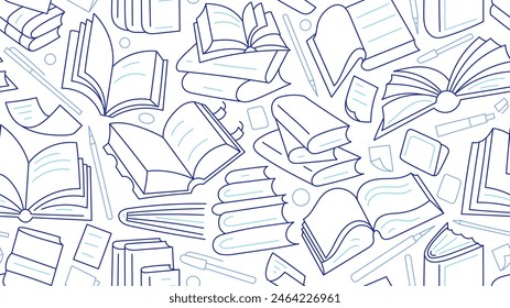 Open books seamless pattern. Simple outline illustration. Literature education, library literature, lesson at school, lecture for reading and study, office with pen on white background