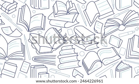 Open books seamless pattern. Simple outline illustration. Literature education, library literature, lesson at school, lecture for reading and study, office with pen on white background