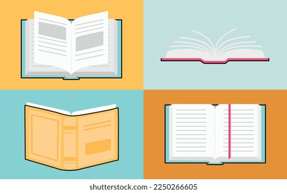 Open books set. Collection of posters and banners for website. Love for literature and education and learning, useful hobby. Cartoon flat vector illustrations isolated on colorful background