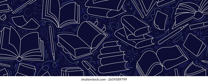 Open books, stack backdrop. Library, lesson at school, lecture design. Art line sketch. Vector education elements on dark background. Graphic illustration with school supplies and student sign
