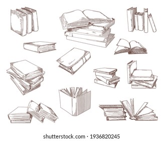 Open books, stacks, piles, notebooks sketch set. Study and science textbooks vector illustration. Hand drawn education and literature elements collection. Library and reading concept