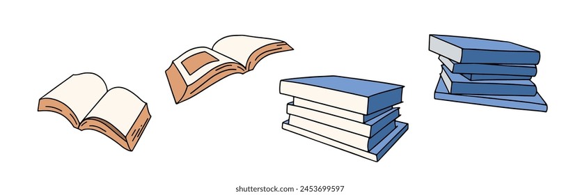 Open books and stacks of books vector hand drawn illustration set. Reading and knowledge symbol.