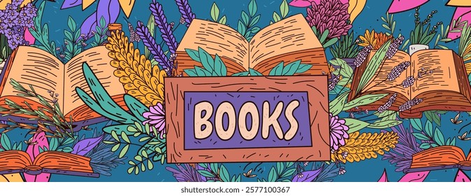 Open books surrounded by colorful flowers vibrant nature theme with leaves and blossoms in various colors decorative background design