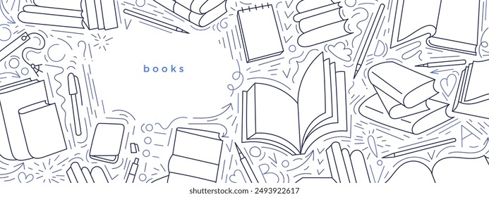 Open books vector design. Literature education, library literature, lesson at school, lecture for reading and study, office with pen on white background. Sketch line art template. Editable stroke