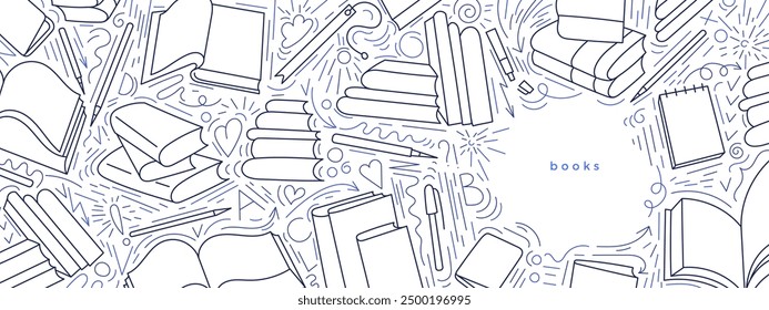 Open books vector design. Literature education, library literature, lesson at school, lecture for study, office with pen. Sketch line art template. Reading and writing pattern in editable stroke.