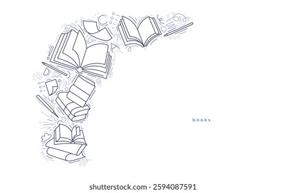 Open books. Vector line art design with encyclopedias, pencil, study stack. Learning education, piles of literature. Template on transparent background. Minimal graphic illustration. Editable stroke - Powered by Shutterstock - Get 15% off with code: PIKWIZARD15