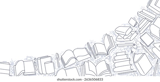 Open books. Vector line design. Library concept, education, lesson at school, lecture for study, office with pen on white background. Art sketch line style. Vector template. Editable stroke