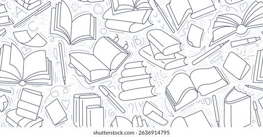 Open books. Vector line seamless pattern. Library print, education, lesson at school, lecture for study, office with pen on white backdrop. Art sketch line style. Vector paper for decor