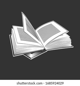 Open books white silhouettes. Book reading icons vector illustration isolated on black for library logo or education symbol