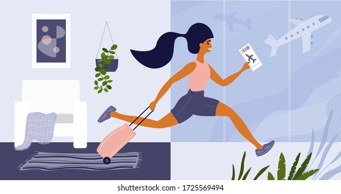 Open borders concept, end of quarantine, travel season. Cute happy girl leaving home, running to airport. Young tourist woman with luggage in departure hall hurries for the flight. Vector illustration