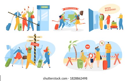 Open borders for travel vector illustration set. Cartoon flat happy man woman traveller characters traveling around the world after coronavirus lockdown isolation, end of quarantine isolated on white