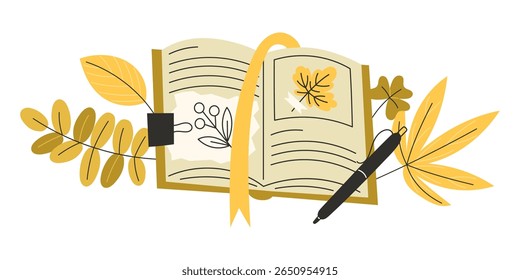 Revista Botânica Aberta com Folhas de outono e Notas de Pesquisa de Plantas Ilustração de Estilo Plano