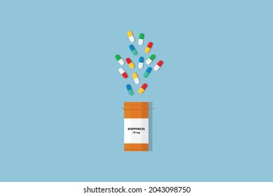 Open bottle with antidepressants pills. Medical capsules container. Mental health concept. Vector illustration 