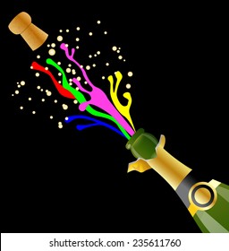 open bottle with the bright streams of champagne and cork,vector illustration