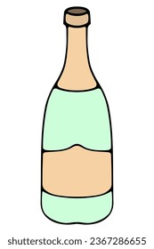 Botella abierta de champán. Ilustración del vector de color. Etiqueta dorada. Contenedor de vidrio verde con vino espumoso. Fondo aislado. Estilo de caricatura. Celebremos un feriado. 