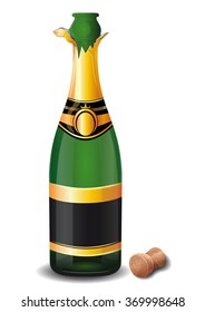 Open a bottle of champagne with the cork. Bottle of champagne isolated on a white background. Vector illustration.