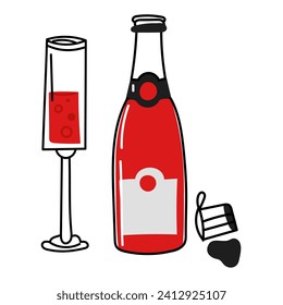 Open bottle of champagne and a glass with poured alcohol, a set of vector cartoon illustrations highlighted on a white background. An open bottle of champagne with a cork and a glass, a festive toast