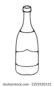 Botella abierta de champán. Esbozo. Ilustración vectorial. Contenedor de vidrio con vino espumoso. Explica un fondo aislado. Estilo Doodle. Celebremos un feriado. 