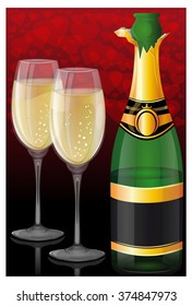 Open a bottle of champagne and two filled glasses on a background of red hearts. Beautiful background for romantic events.  Romantic vector card.