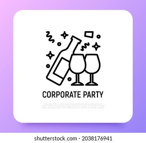 Öffnen Sie eine Flasche Champagner und zwei Gläser dünne Linie Symbol. Alkohol. Vektorgrafik.