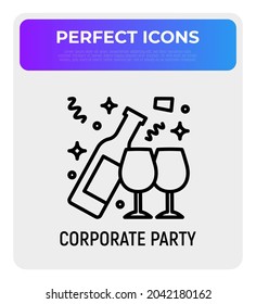 Open bottle of champagne and two glasses thin line icon. Alcohol. Vector illustration.