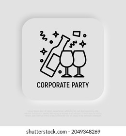 Botella abierta de champán y dos copas de línea delgada icono. Alcohol. Ilustración vectorial.