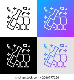 Open bottle of champagne and two glasses thin line icon. Alcohol. Vector illustration.
