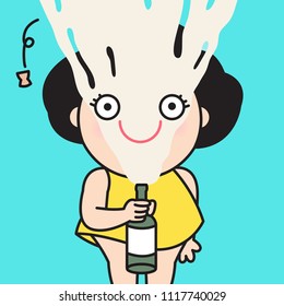 Open Bottle Of Champagne Or Wine Splash On Her Surprised Face And Cork Jumping Out With Explosion. Concept Of Celebration Toast Card Character illustration