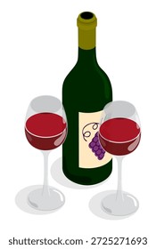 Abra a garrafa de vinho caro e dois copos de cristal cheios. Vetor 3D de desenhos animados isolado em fundo branco. SEM GEN AI