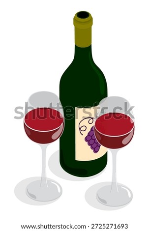Open bottle of expensive wine and two filled crystal glasses. Cartoon 3D vector isolated on white background. NO AI GEN