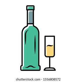 Open bottle and glass of champagne icon. Wine service. Sparkling wine. Aperitif, alcohol beverage, drink. Bar, restaurant glassware, winery, wineglass. Isolated vector illustration