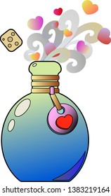 Open bottle of love potion. Label with heart and cork. The potion evaporates, hearts fly.