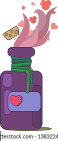 Open bottle of love potion. Label with heart and cork. The potion evaporates, hearts fly.