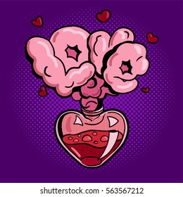 Open bottle of love potion in pop art style. Magic glass flask violet background. Valentine's day.