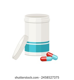 Botella abierta con pastillas aisladas sobre fondo blanco. Vector de dibujos animados ilustración plana de medicación.