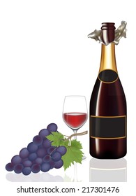 Open bottle wine,Glass wine and grape isolated on white background,Vector illustration